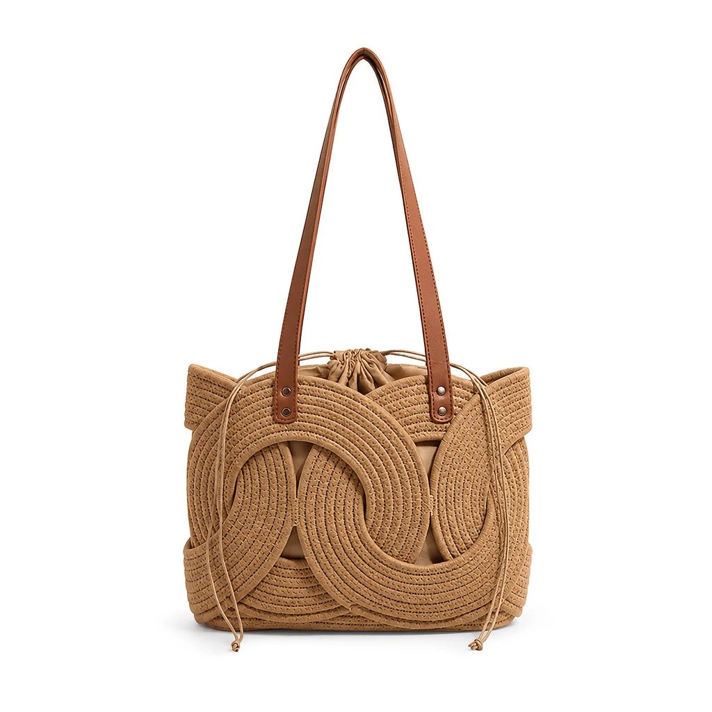 Woven Drawstring Shoulder Bag – Women's Vintage Tote Underarm Bag Woven Shoulder Tote Axl Khaki-1PC