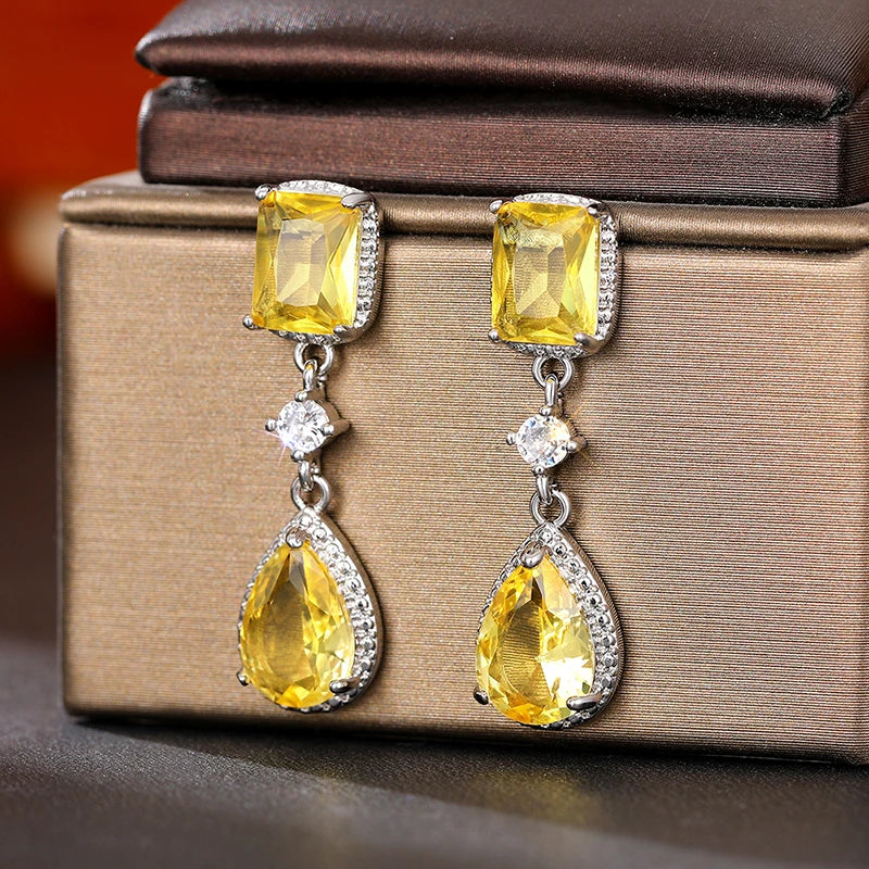 Huitan Pink & Yellow CZ Pear Dangle Earrings for Women CZ Dangle Earrings Axl