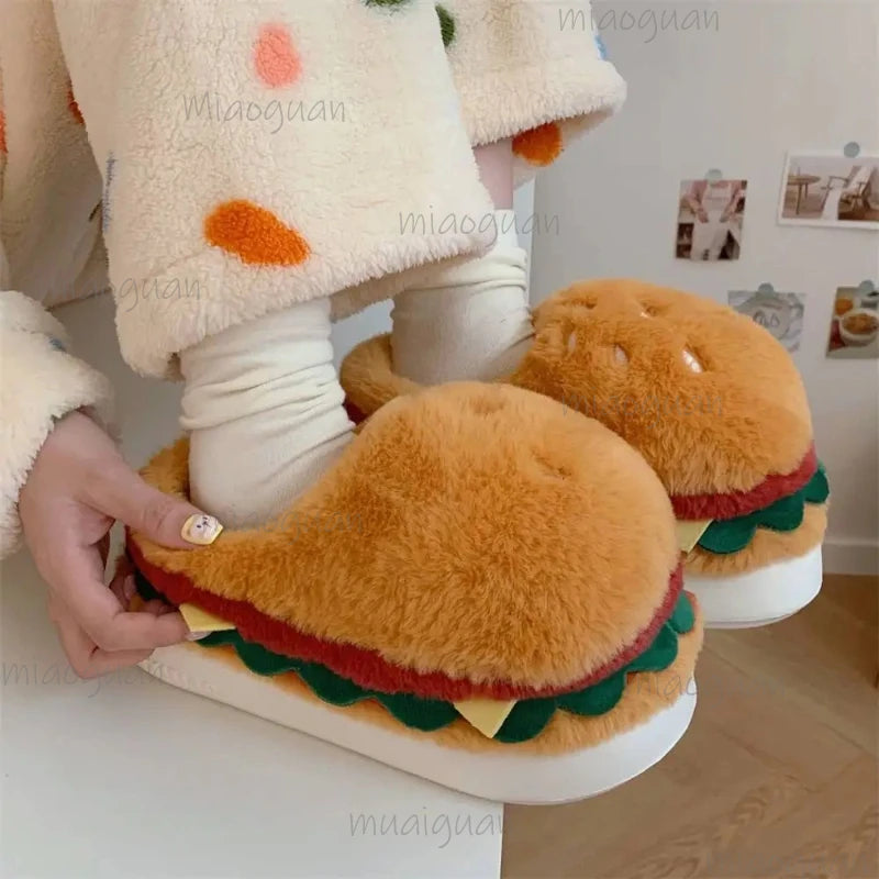 Women's Cartoon Hamburger Plush Platform Slippers | Fluffy Novelty House Slippers Axl