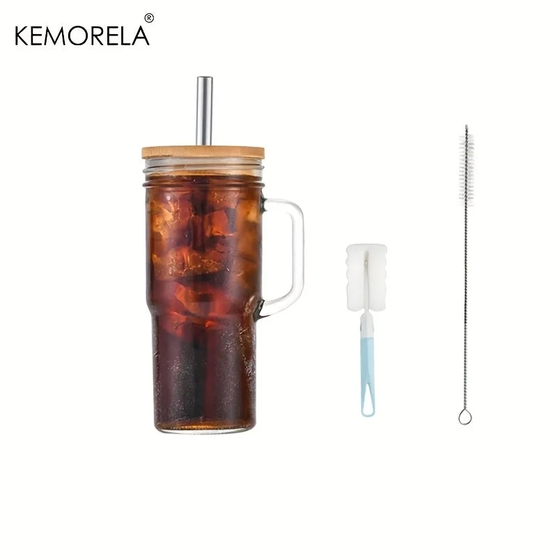KEMORELA 700ml Glass Cup with Wooden Lid & Straw | Set of 1/2/4 Glass Cup Set Axl 1pc 301-400ml