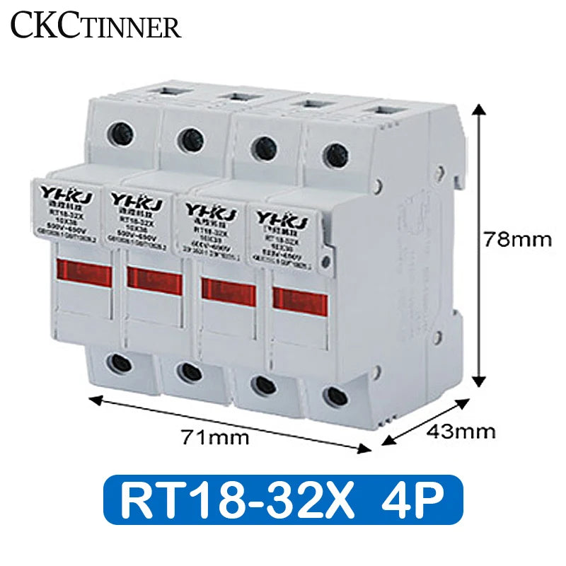 RT18-32X DIN Rail Fuse Holder 1P–4P 500V 10×38mm | CE Certified DIN Rail Fuse Holder Axl RT18-32X-4P 1A