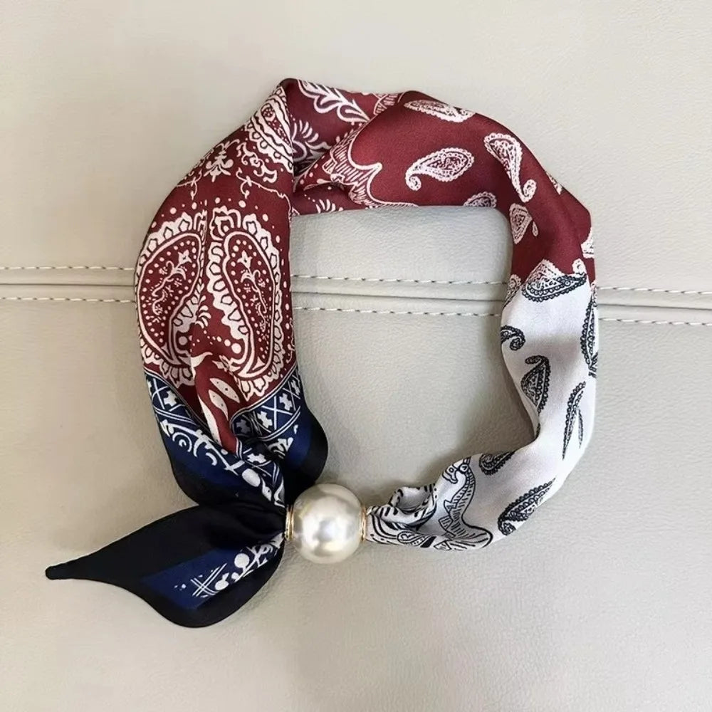Women's Printed Polyester Scarf – Pearl & Magnetic Buckle Fashion Scarf Axl Red White