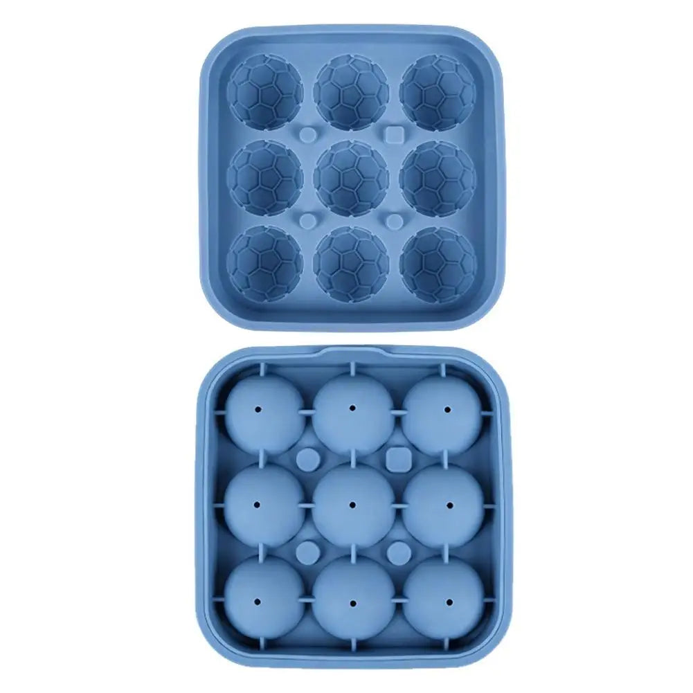 3D Soccer Ball Ice Cube Tray – 9-Grid Silicone Mold with Lid Silicone Ice Mold Axl Blue