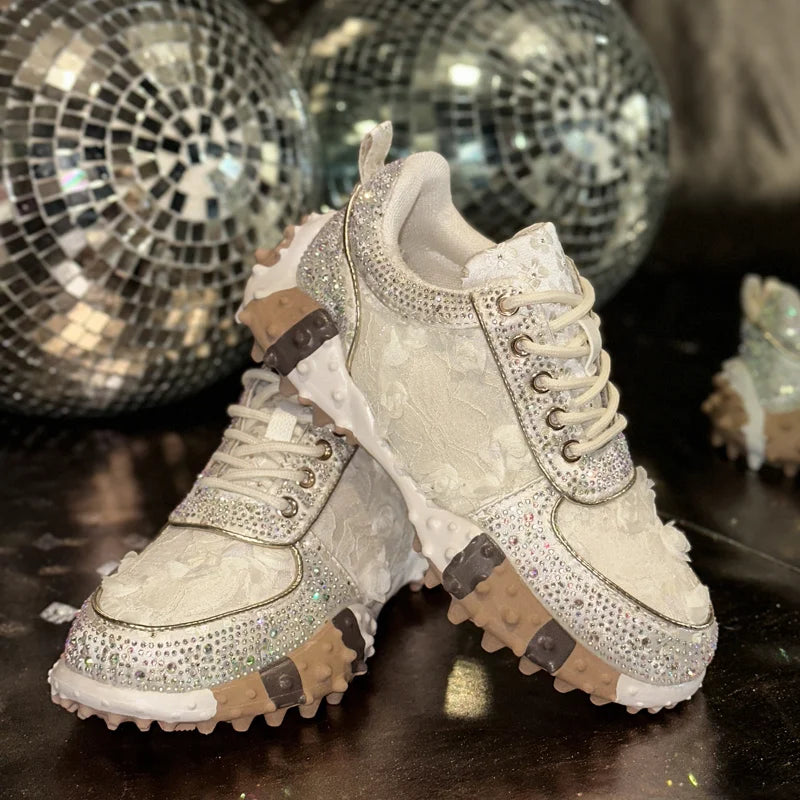 Women's Rhinestone Sneakers – Thick Sole Casual Sport Shoes Women's Fashion Sneakers Axl WHITE 40