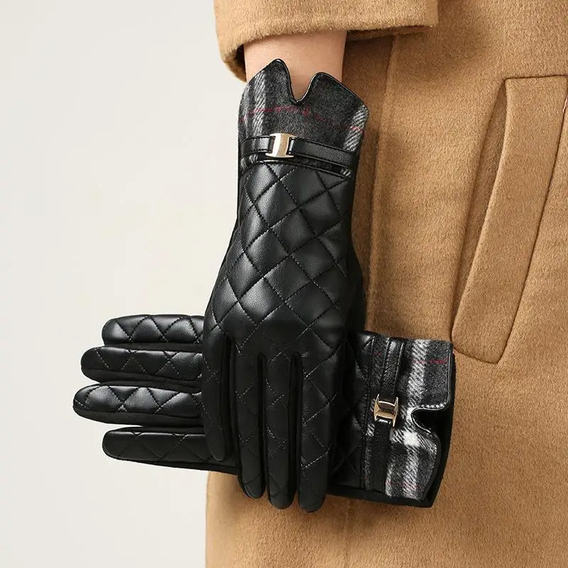Women's Plaid PU Leather Touchscreen Winter Gloves | Plush Warm Winter Touchscreen Gloves Axl Black