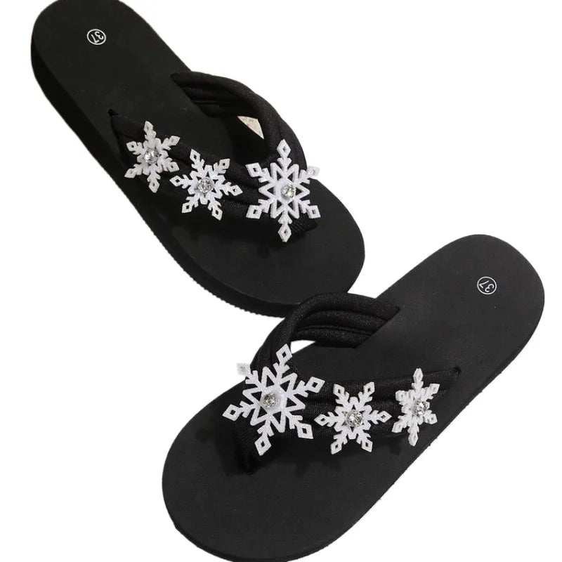 Women's Rhinestone Snowflake Flip Flops – Black Wedge Sandals Thong Sandals Axl