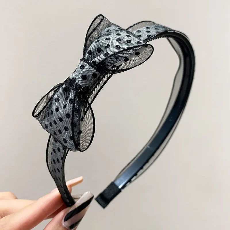 Vintage Polka Dot Organza Bow Headband – Sheer Mesh Hair Hoop Bow Hair Headband Axl A-1pcs