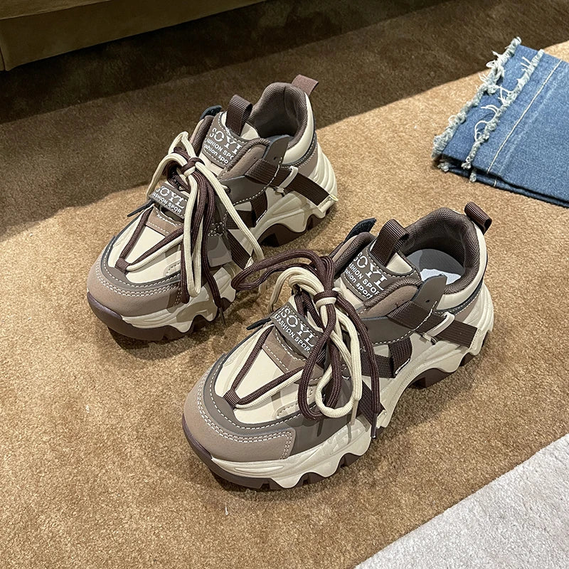 Women's Chunky Platform Sneakers – Lace-Up Casual Sports Shoes Platform Sneakers Axl Khaki 39