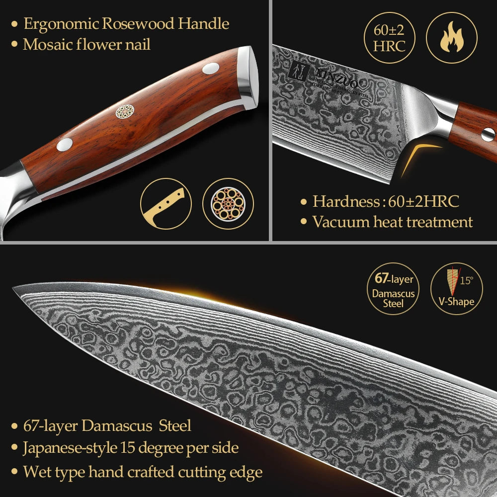 XINZUO 5-Piece Damascus Steel Knife Set | 67-Layer Rosewood Damascus Knife Set Axl