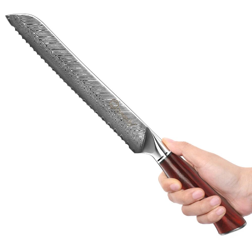 Sunnecko 8" Damascus Steel Serrated Bread Knife – VG10 Core Damascus Bread Knife Axl