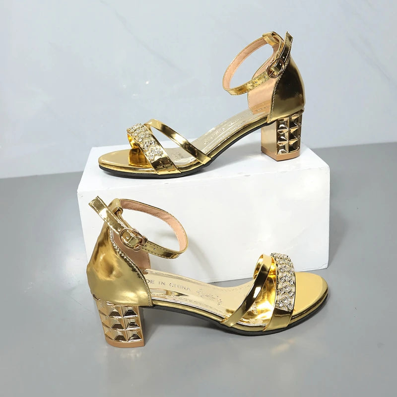 YBQJOO Women's Shiny Buckle Square Heel Sandals – Gold Women's Heel Sandals Axl