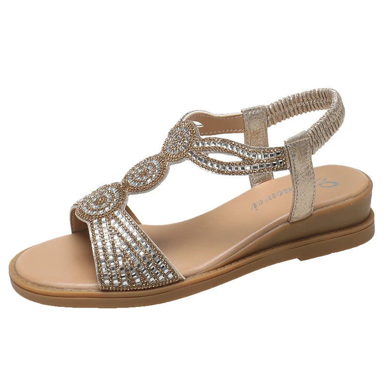 Women's Rhinestone Flat Sandals – Elastic Strap Beach Summer Shoes Flat Sandals Axl 42 Gold