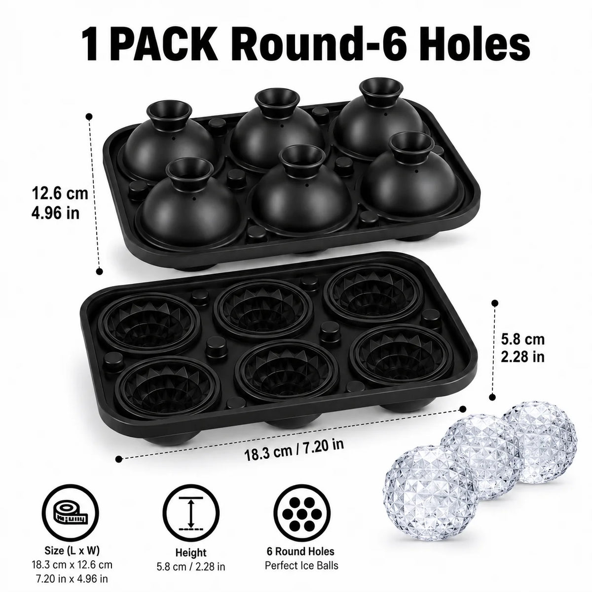 6-Cavity Diamond Silicone Ice Tray with Funnel Lid | Whiskey Bar Silicone Ice Tray Axl 1 PACK Round-6 Holes