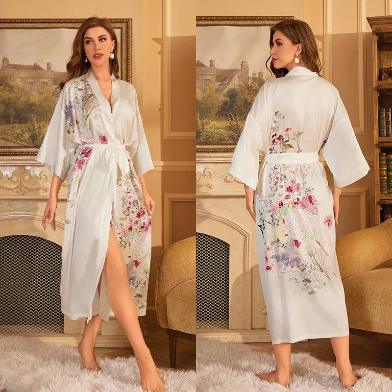 Women's Floral Satin Kimono Robe – Lace-Up Silk Bathrobe Satin Kimono Robe Axl 10 One Size