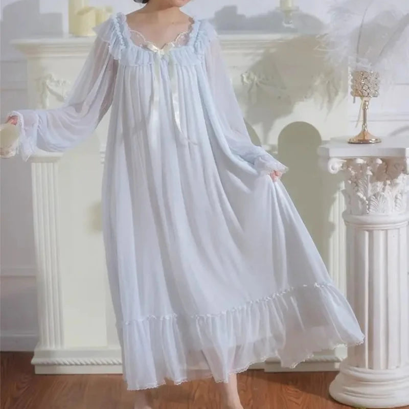 Women's Lace Mesh Nightgown – Bow Long-Sleeve Nightdress Women's Nightgown Axl