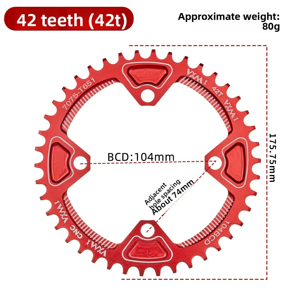 VXM 104BCD Narrow Wide MTB Chainring 32T–42T CNC Aluminum 1x MTB Chainring Axl 42T-Red 104BCD