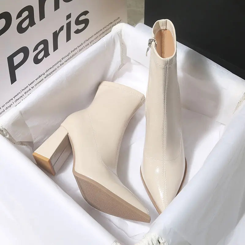 YBQJOO Women's Patent Ankle Boots – Square Heel Pointed Toe Women's Ankle Boots Axl Beige glossy 38