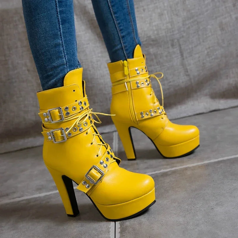 Women's Platform Ankle Boots – Square High Heel Zip Buckle Platform Ankle Boots Axl