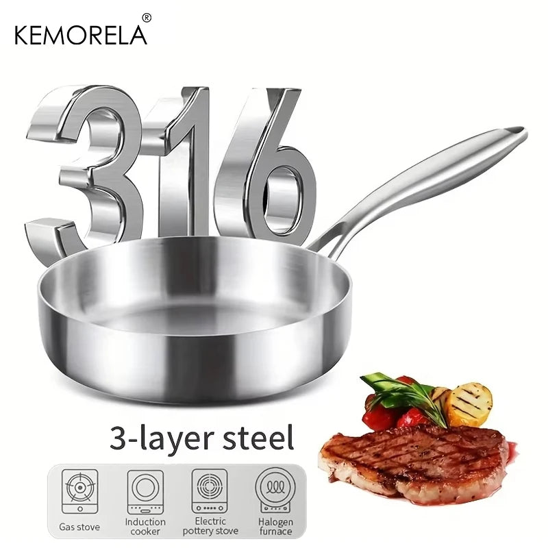KEMORELA 316 Stainless Steel Uncoated Frying Pan 20–28cm Stainless Steel Frying Pan Axl