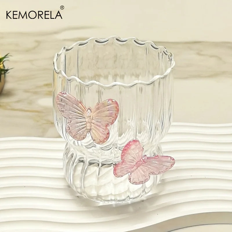 KEMORELA 3D Butterfly Glass Cup – Handmade Striped Drinkware Decorative Glass Cup Axl Pink 201-300ml
