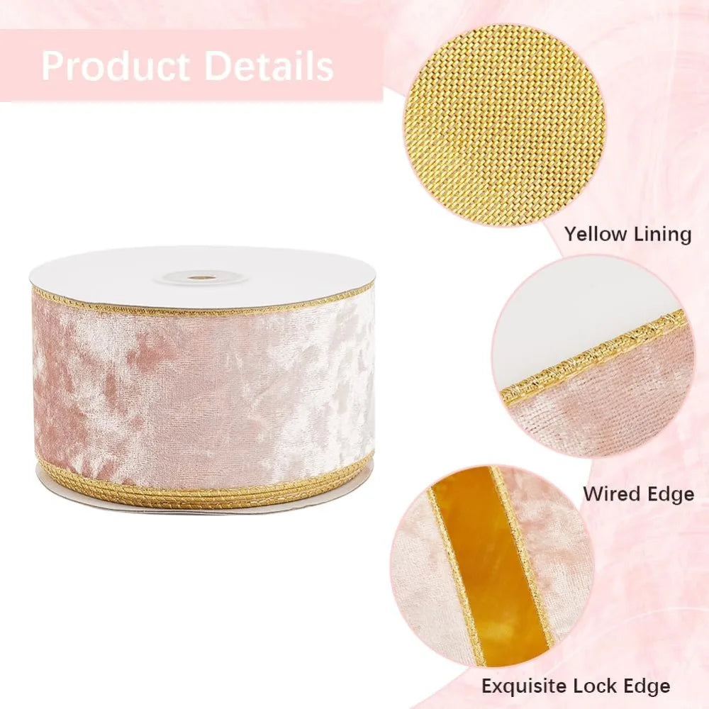 10 Yards Pink Velvet Wired Ribbon Gold Edge 2.5 Inch Bows Craft Ribbon Axl