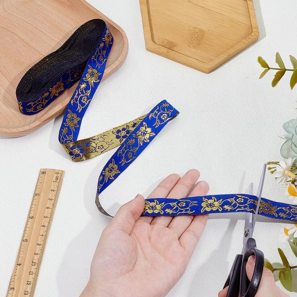 Blue Ethnic Jacquard Ribbon 20mm – Boho Floral Trim 7.7 Yds Jacquard Ribbon Trim Axl