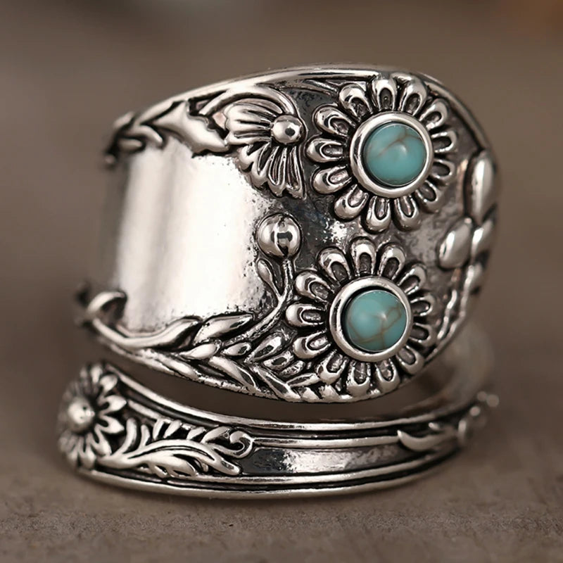 Huitan Vintage Flower Ring – Imitation Turquoise | Sizes 5–14 Fashion Ring Axl T0925 resizable