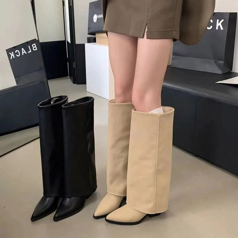 Women's Corduroy Knee-High Boots Pointed Toe Low Heel Knee-High Boots Axl