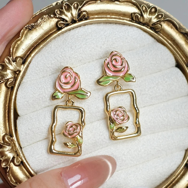 Huitan Pink Enamel Rose Dangle Earrings – Floral Drop Earrings Dangle Drop Earrings Axl