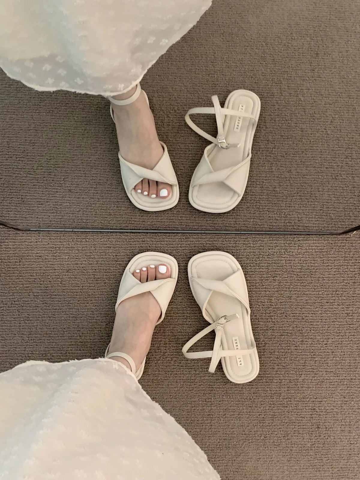 Women's Flat Roman Gladiator Sandals – Square Toe Beach Shoes Women's Flat Sandals Axl Creamy-white 35