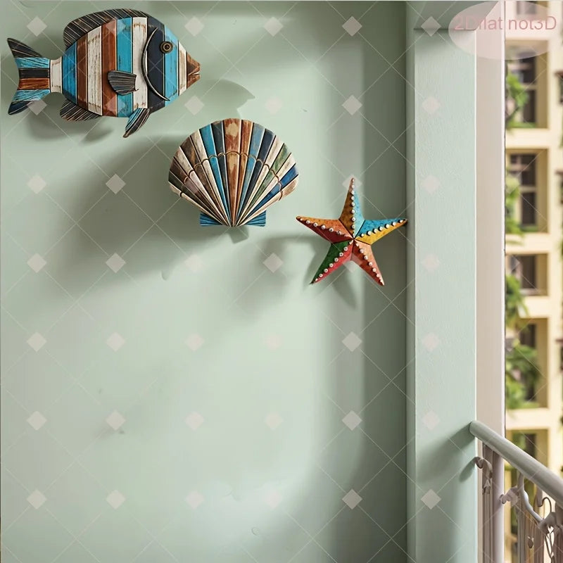 Colorful Ocean Wood Decor Set – Fish, Shell & Starfish Art Wooden Home Decor Axl