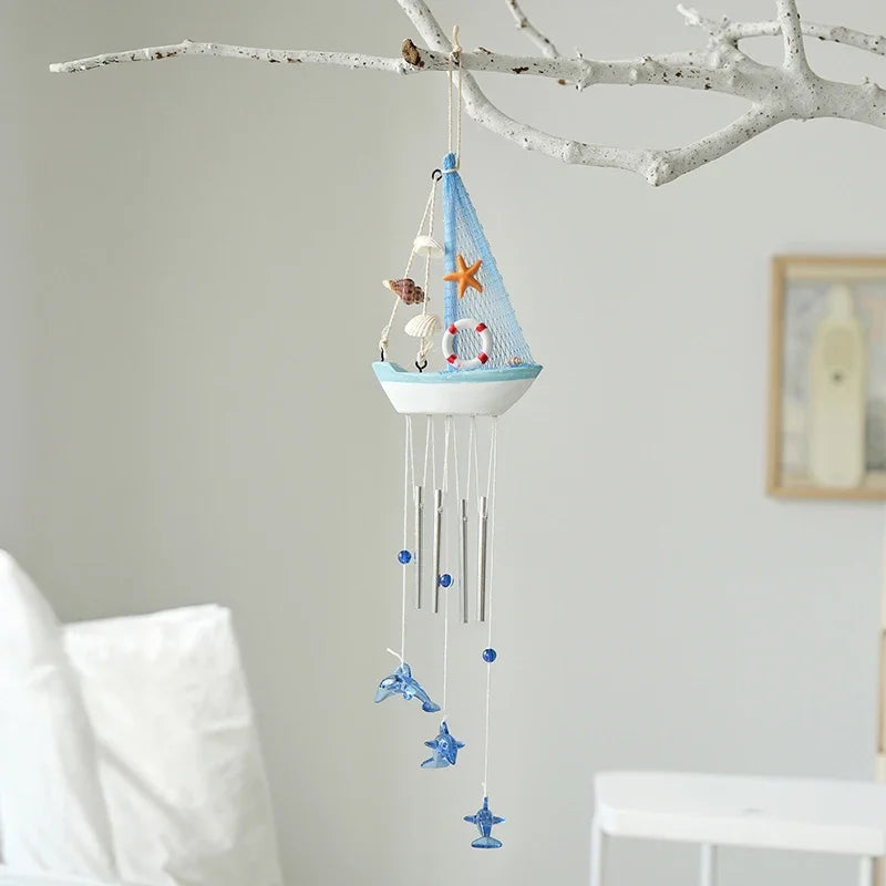 Mediterranean Wooden Sailboat Wind Chime | Nautical Hanging Decor Wind Chime Ornament Axl