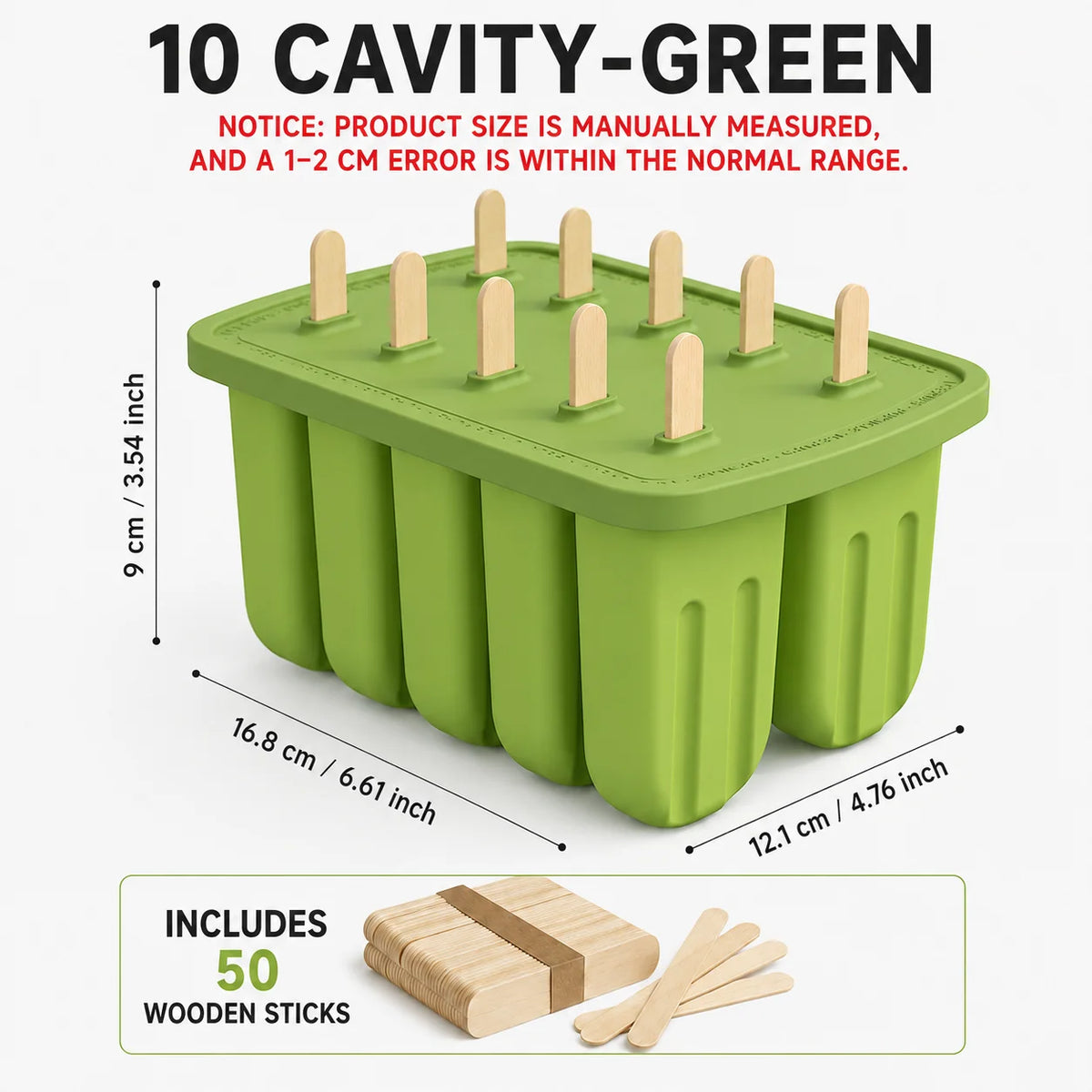 Silicone Popsicle Mold 9/10 Cavity + 50 Wooden Sticks | Ice Pop Popsicle Mold Set Axl 10 Cavity-Green