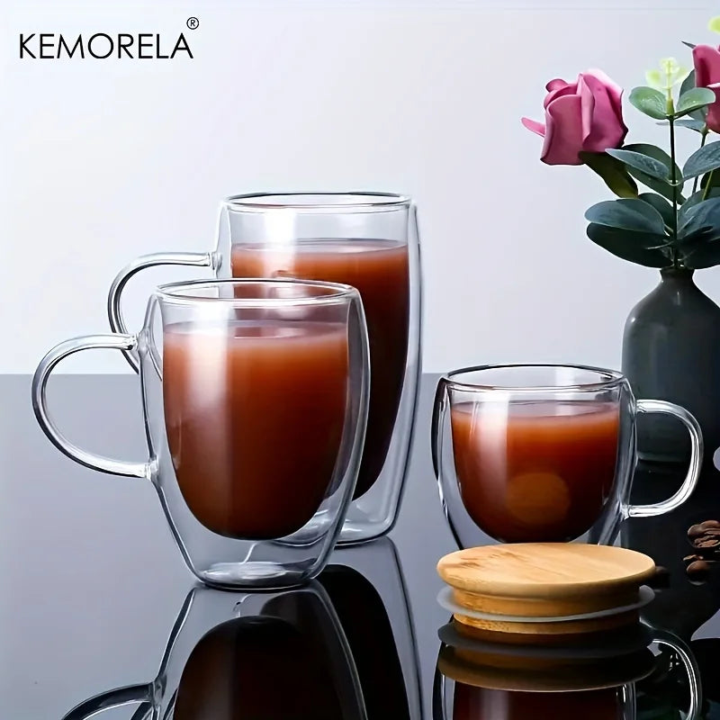 KEMORELA Double Wall Glass Coffee Mug 350/450ml – Bamboo Lid Glass Coffee Mug Axl