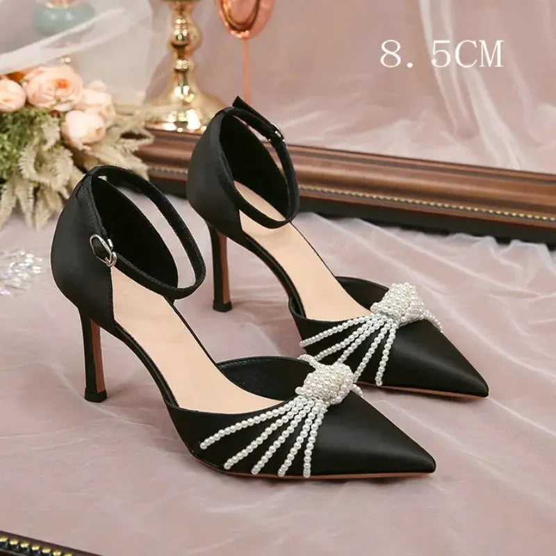 Beaded Satin High Heel Wedding Pumps – Pointed Toe Stilettos High Heel Pumps Axl
