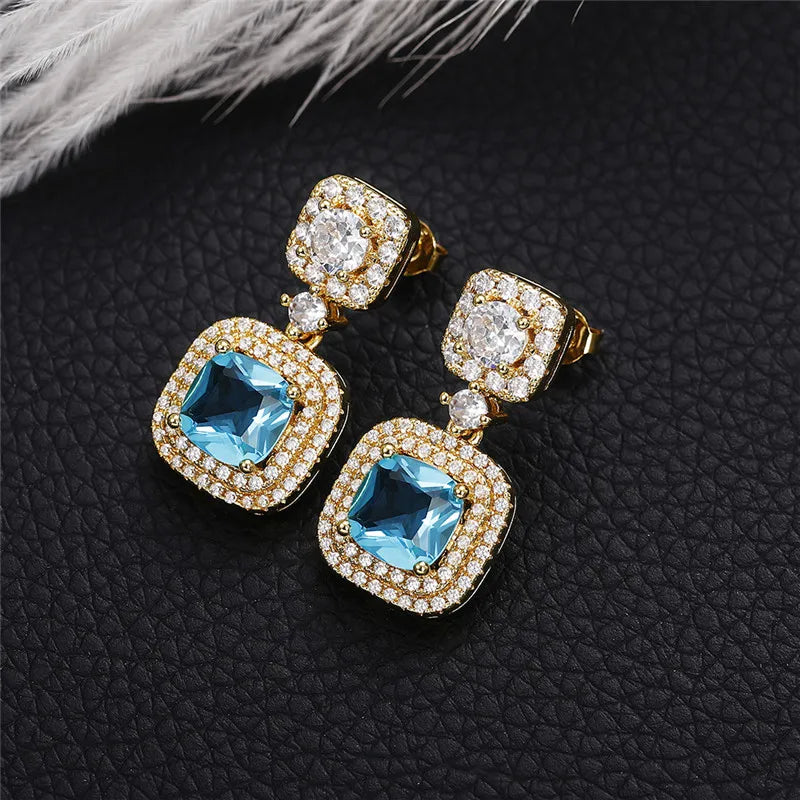 Huitan Gold Blue CZ Dangle Earrings – Luxury Drop Jewelry Dangle Drop Earrings Axl
