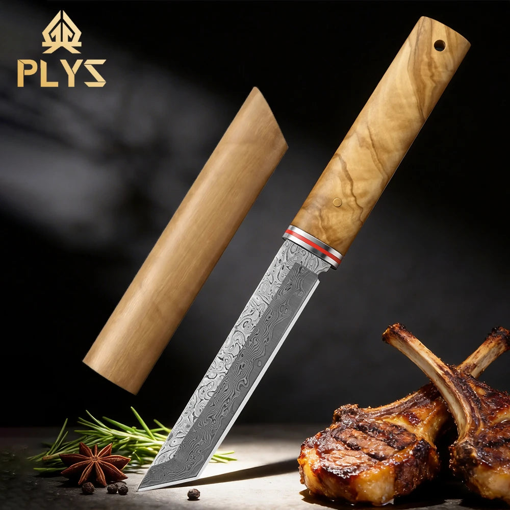 PLYS Damascus Steel Chef Knife – 9.5" Wood Handle Carving Knife Damascus Chef Knife Axl