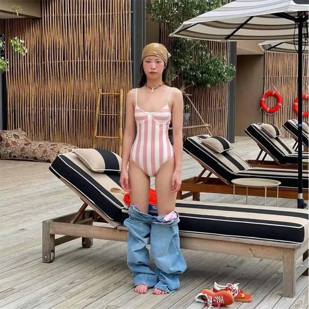 Retro Stripe Women's Swimsuit | Belly Cover-Up Skirt Women's Swimsuit Axl