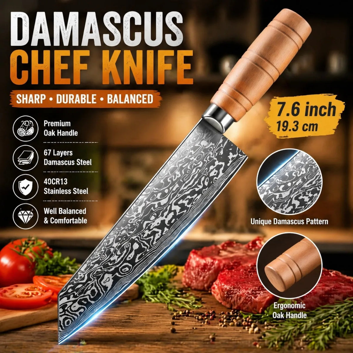 COOKCRAZE Japanese Chef's Knife – Damascus Steel & Oak Handle Chef's Knife Axl Damascus Pattern