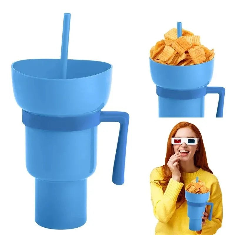 2-in-1 Popcorn Snack & Drink Cup with Handle | KEMORELA Snack Beverage Cup Axl