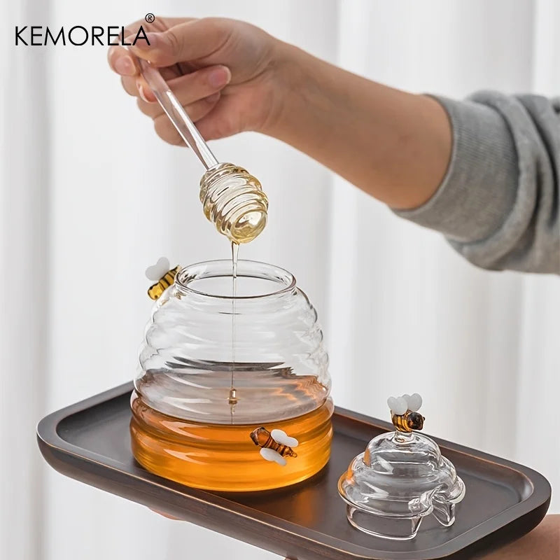 Glass Honeycomb Honey Jar with Dipper & Lid | KEMORELA Honey Storage Jar Axl