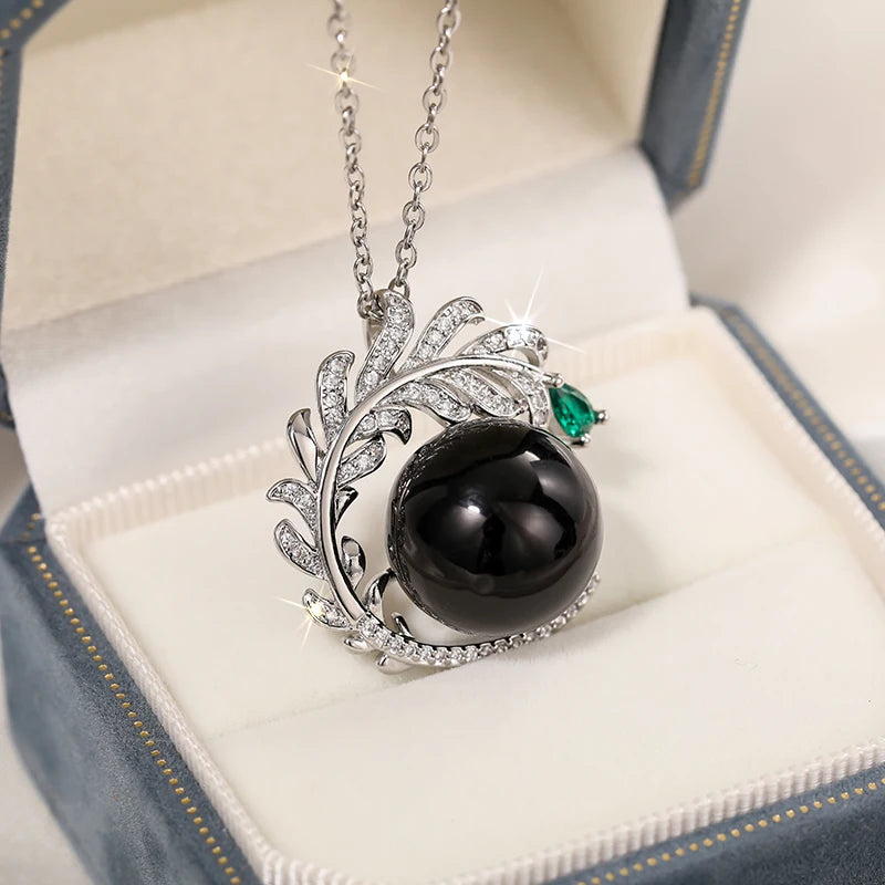Huitan Branch Pendant Necklace – Black Pearl & Green CZ Women Pendant Necklace Axl