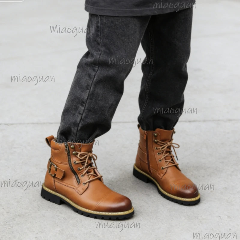 Men's Retro Leather Ankle Boots – Double Zipper Motorcycle Style Men's Ankle Boots Axl