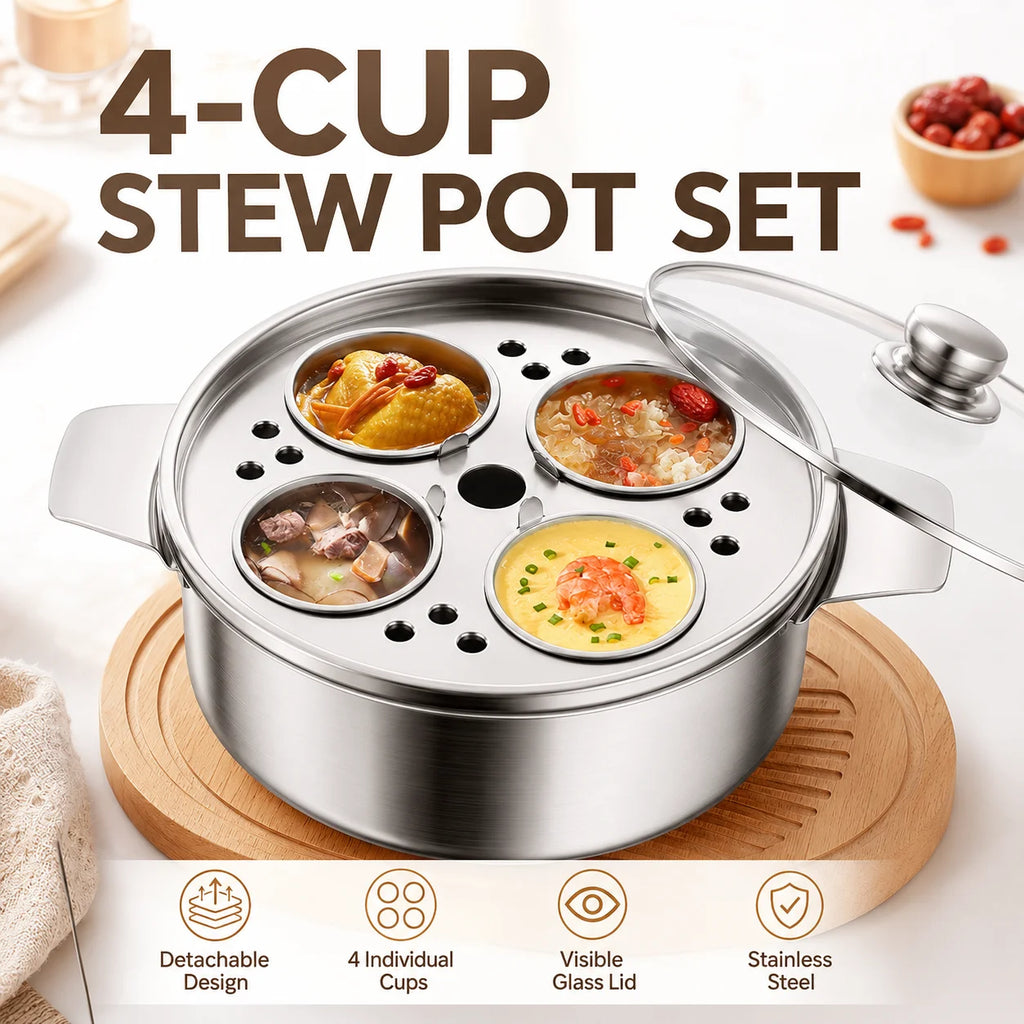 Stainless Steel Water Bath Stew Pot – 4 Inner Cups & Glass Lid Water Bath Stew Pot Axl