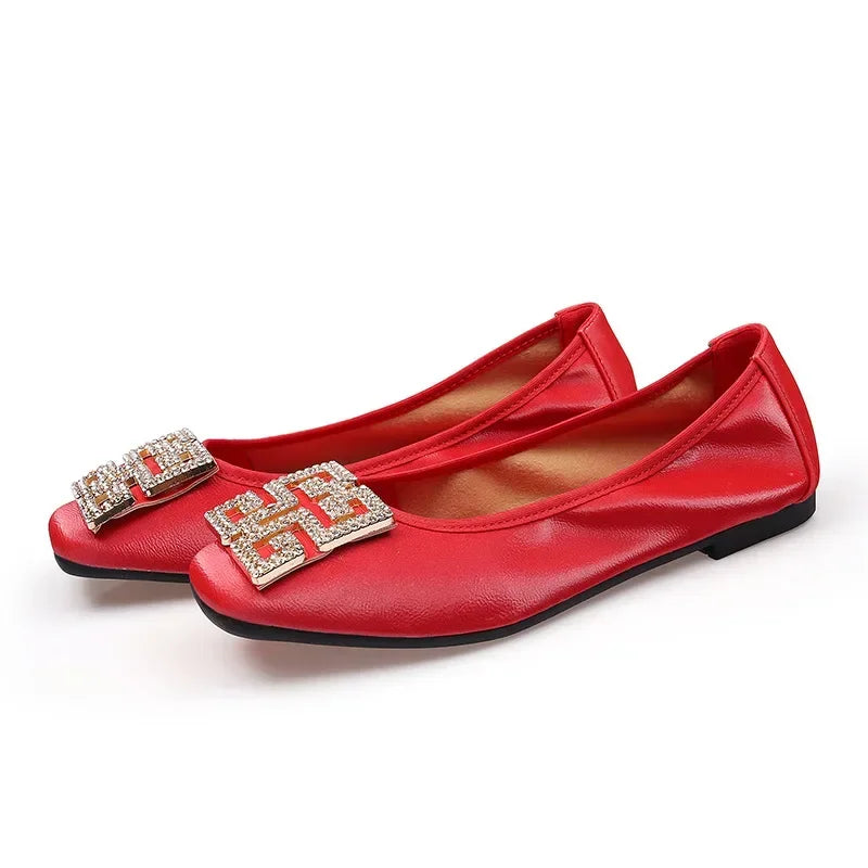 Women's Rhinestone Square Toe Slip-On Ballet Flats – Red Ballet Flat Loafers Axl Red 40