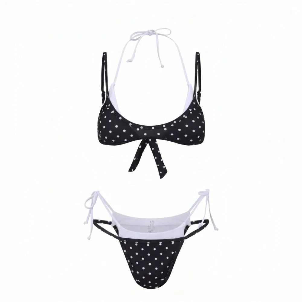 Polka Dot Halter Bikini Set – Push Up Deep V Lace-Up Swimwear Halter Bikini Set Axl Black White L