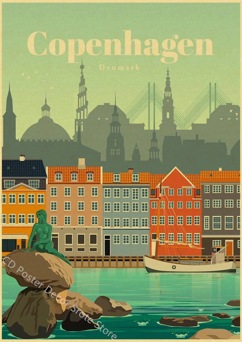 World Cities Retro Travel Poster – Rome Paris Sydney Dubai Art