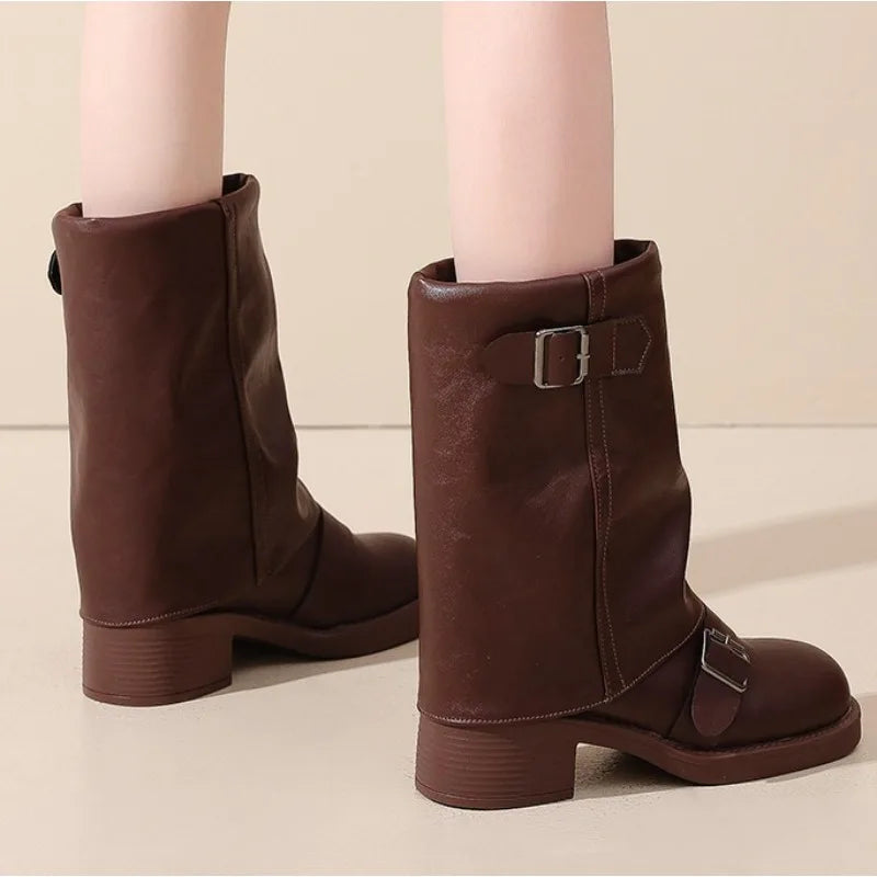 Women's Slip-On Mid-Calf Boots – Retro Block Heel PU Leather Mid-Calf Boots Axl