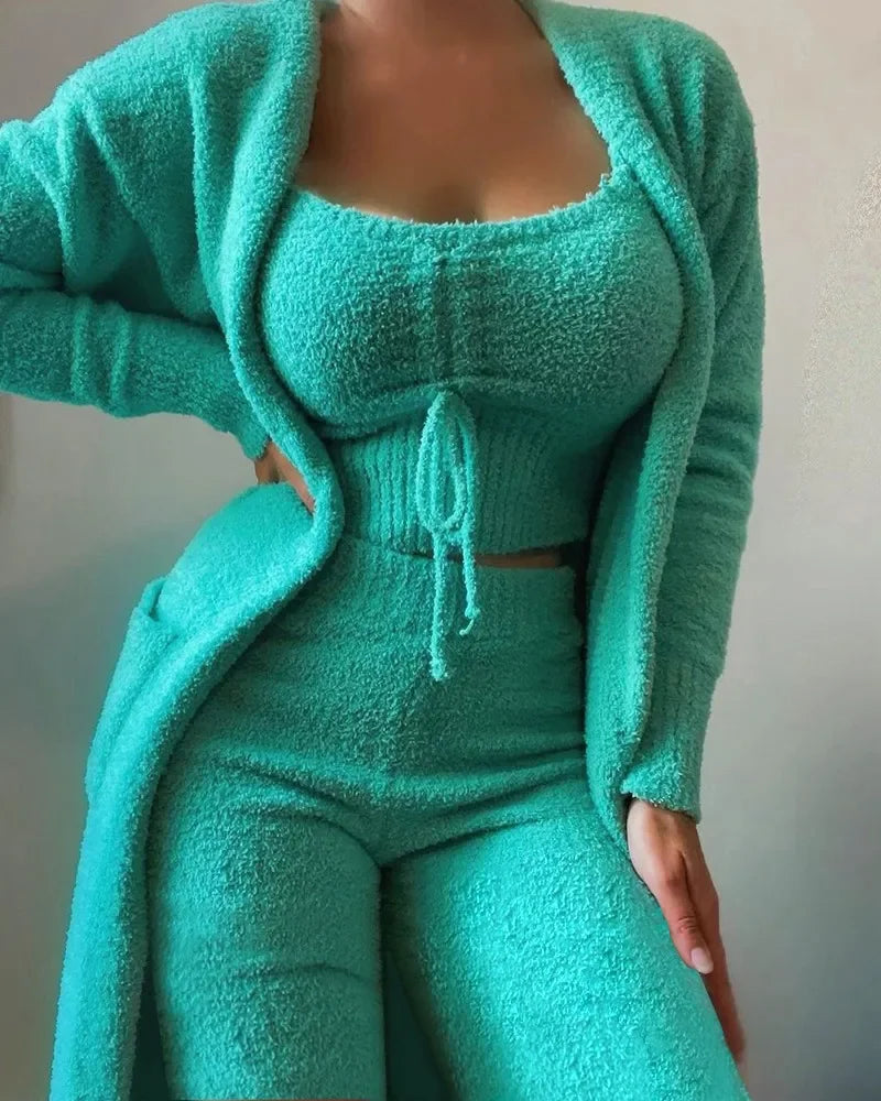 Women's Fluffy Winter Pajama Set 3-Piece Plus Size S–3XL Women's Pajama Set Axl green(Long pants) M