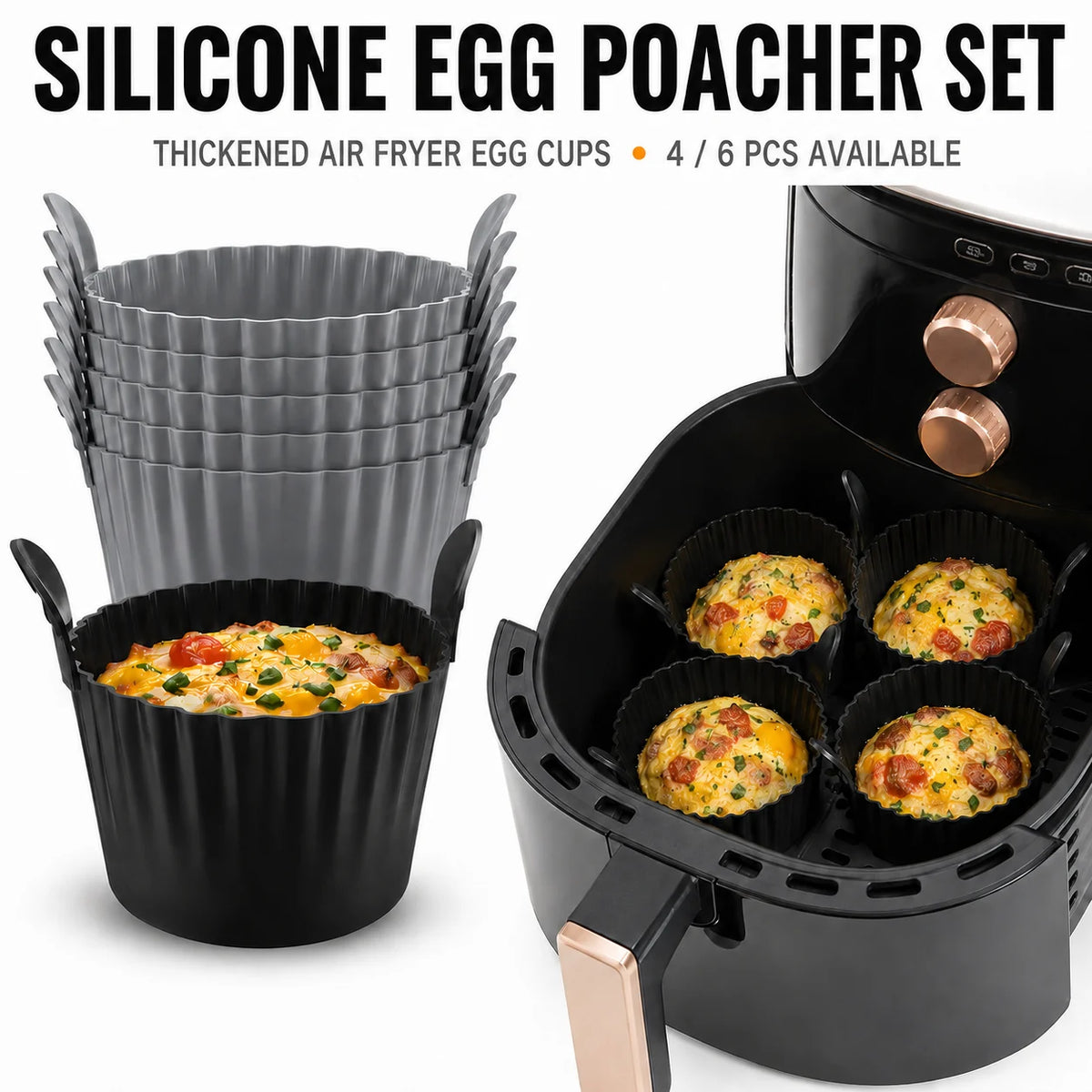 Silicone Egg Poacher Cups | Air Fryer Egg Bite Mold – 3/4/6 Pc Egg Poacher Cups Axl 3 PACK-Grey